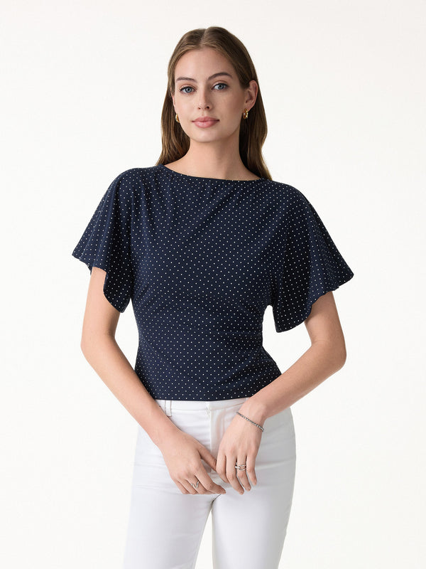 Soft Stretch Cotton Boatneck Flutter Sleeves Polka Dot Top