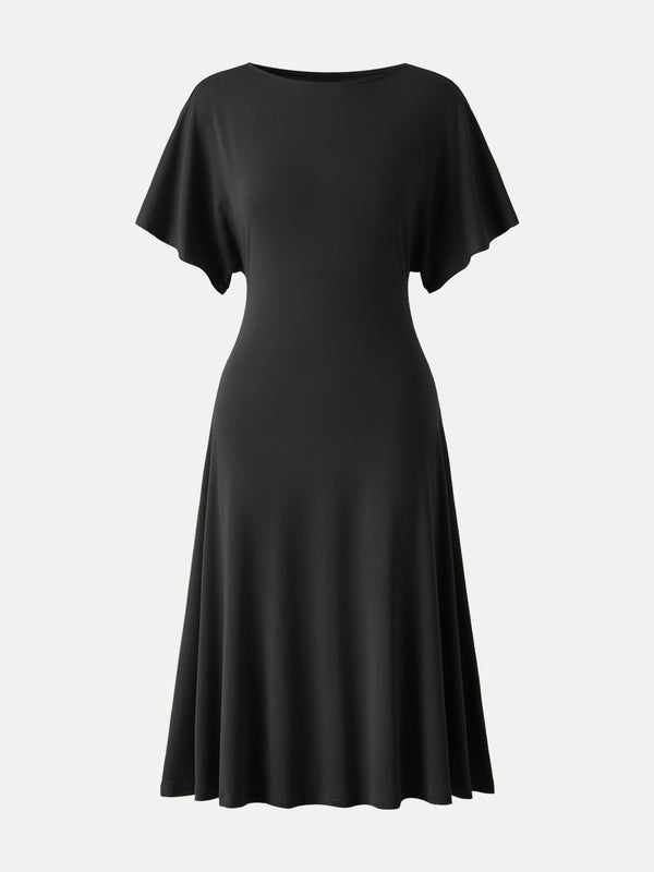 Cooling Flowy Mid-Length Sleeve Summer Midi Dress Black XS