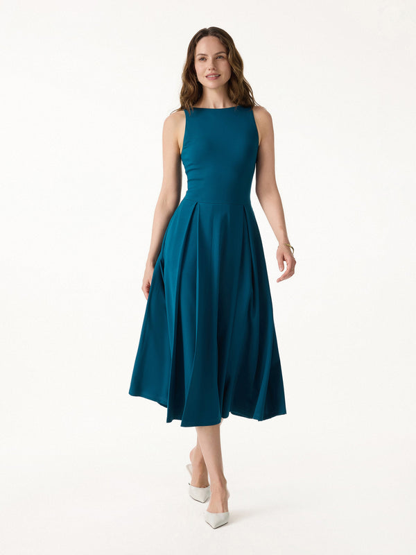 OGLmove Boatneck Pleated Fit-and-Flare Midi Bra Dress with Pockets