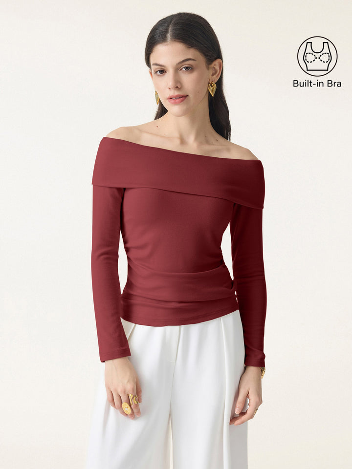 Off-Shoulder Long Sleeve Side Ruched Brami Top
