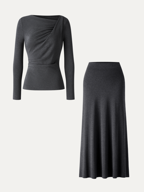OGLmove 2Pcs Set Asymmetrical Neck Long Sleeve Top & High-Rise A-Line Maxi Skirt