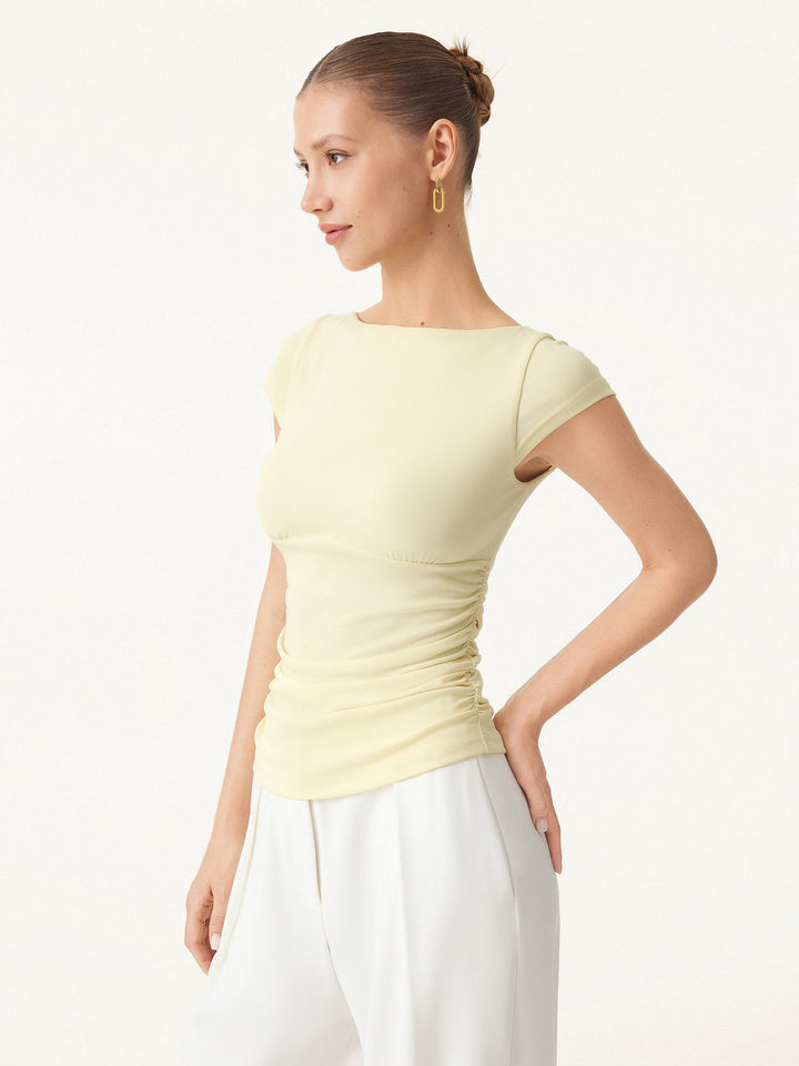 2Pcs Set Sandwashed Boatneck Cap Sleeve Ruched Brami