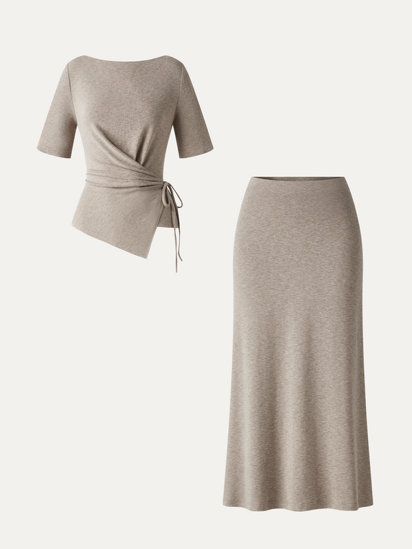 OGLmove 2Pcs Set Short Sleeve Tie-Side Top & Side-Slit A-Line Midi Skirt