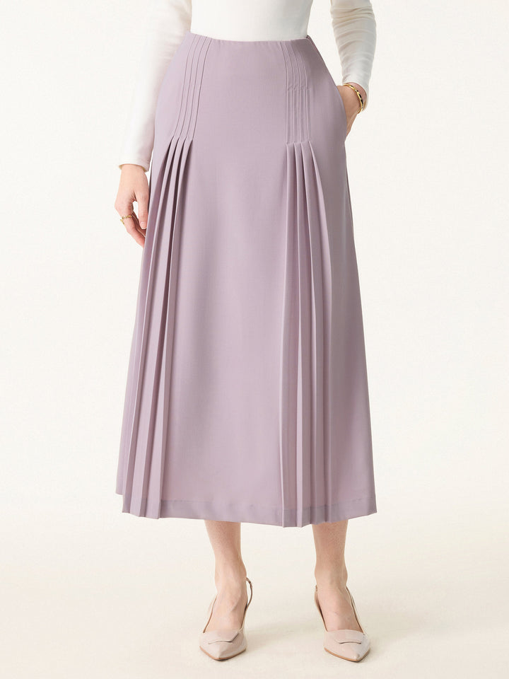 Wrinkle-Resistant A-line Pleated Midi Skirt with Pockets