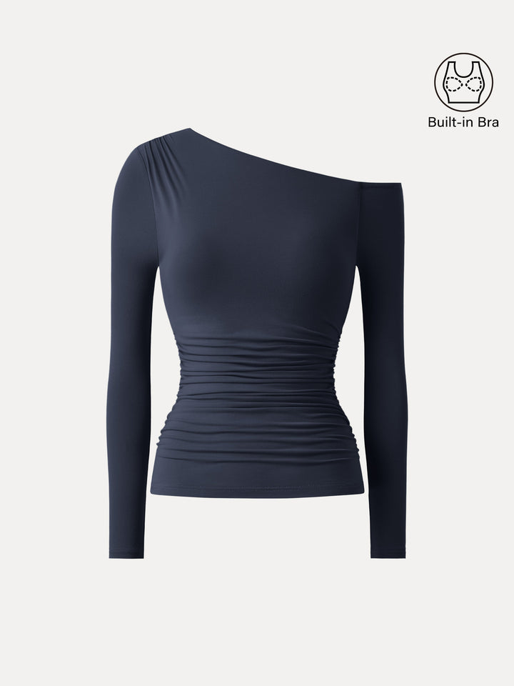 Asymmetrical Shoulders Long Sleeve Gathered Brami Top Midnight Navy XS
