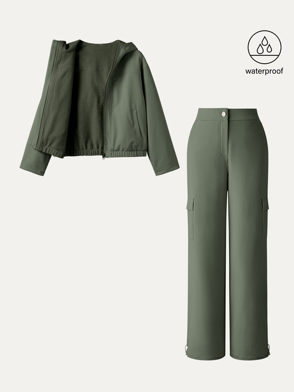 OGLmove 2Pcs Set Fleece Reversable Hooded Jacket & Fleece Lined Cargo Pant