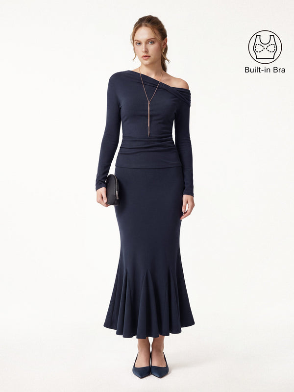 OGLmove 2Pcs Set LiteWarm Convertible Neck Built-In Bra Top & High-Rise Mermaid Midi Skirt Midnight Navy XXS