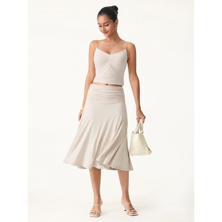 2Pcs Set Multi-wear Necklines Brami Top & Flowy Side Ruched A-line Midi Skirt